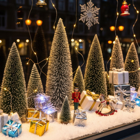 Festive christmas window display with miniature trees, snow, and twinkling lights. High quality illustrationの素材