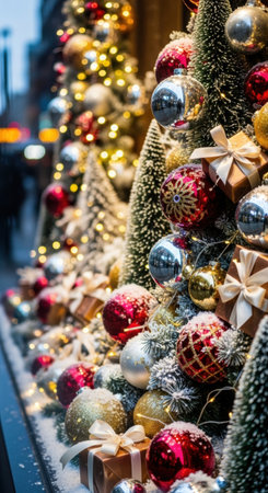 Festive christmas decorations with baubles and gift boxes on snowy trees in vibrant city street. High quality illustrationの素材