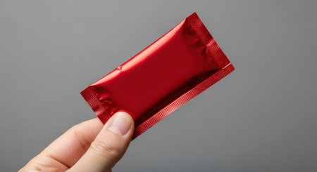 Hand holding red foil packet against gray background for product packaging concept.の素材