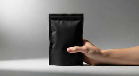 Minimalist hand holding black matte pouch on neutral background.の素材