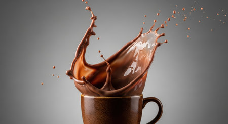 Dynamic splash of chocolate milk in a brown mug against gray background.の素材
