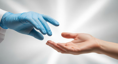 Human and medical connection: gloved hand reaching towards open palm for assistance.の素材