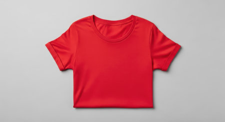 Plain red t-shirt isolated on gray background with minimalist design and casual style.の素材