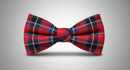 Classic red tartan plaid bow tie with scottish pattern on gray backgroundの素材