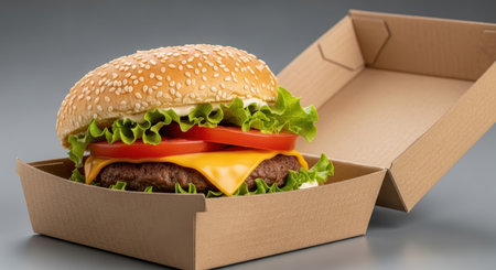 Delicious cheeseburger in eco-friendly box with fresh lettuce and tomato on gray backgroundの素材
