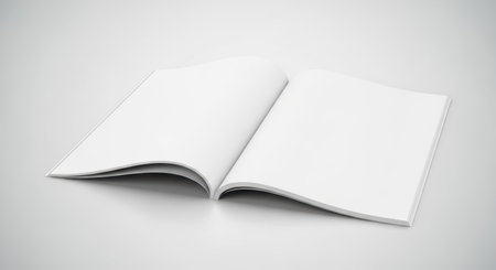 Blank open magazine mockup on white background for design presentation and branding.の素材