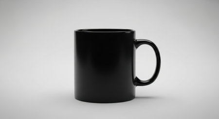 Sleek black coffee mug on minimalist gray background.の素材