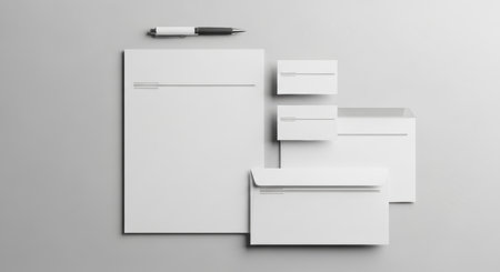 Modern minimalist stationery set with envelopes, letterhead, and business cards on gray background.の素材