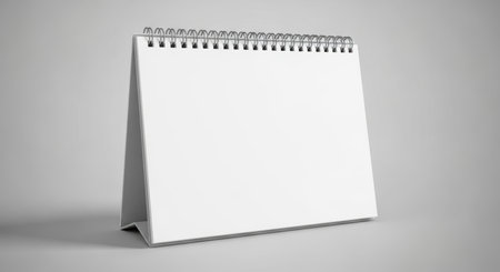 Blank spiral desk calendar on gray background for minimalistic office design.の素材