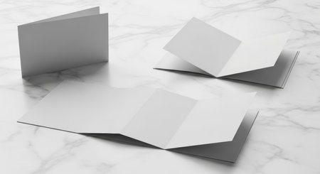 Blank brochure layouts on marble surface with open and folded designs.の素材
