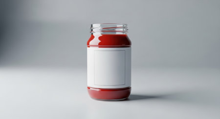 Minimalist jar of tomato sauce with blank label on gradient background.の素材