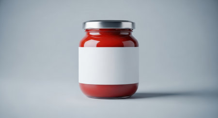 Minimalist glass jar with red sauce and blank label for branding or packaging design.の素材