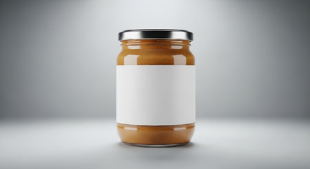 Minimalist peanut butter jar on soft gradient background with blank label.の素材