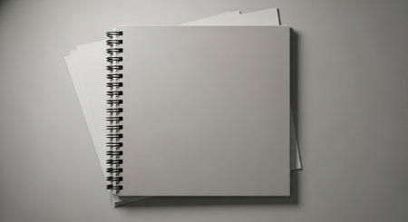 Spiral bound blank notebook on gray surface perfect for creative projects.の素材