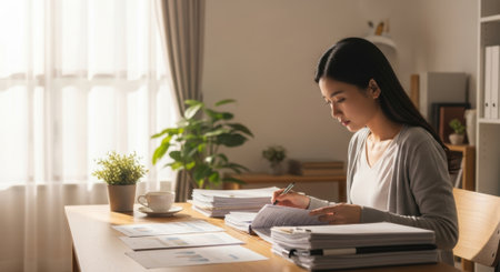 Focused woman working at home office desk with documents and coffee in natural light.の素材
