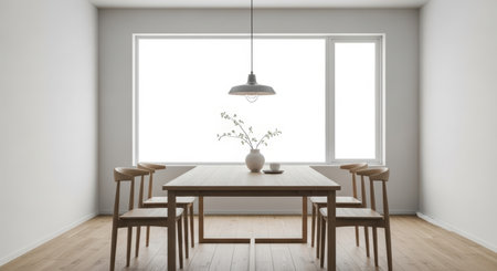Minimalist dining room with wooden furniture and large window lighting.の素材
