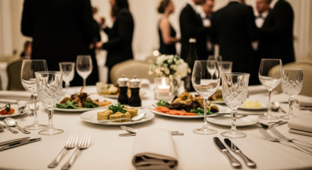 Elegant dining setup at formal event with guests socializing in background.の素材