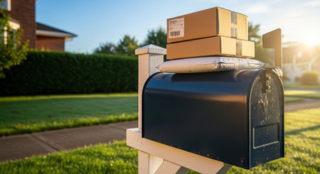 Morning mailbox delivery with packages on suburban street in sunlight.の素材