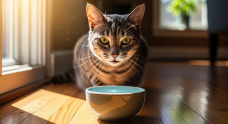 Curious cat staring at empty bowl in sunny room.の素材