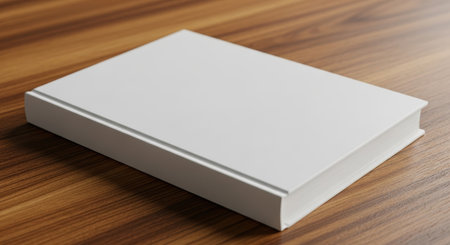Blank white hardcover book on wooden table surface.の素材