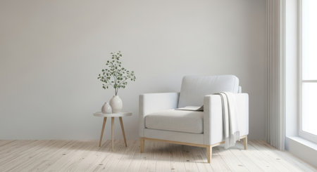 Minimalist living room with cozy armchair and potted plant by window.の素材