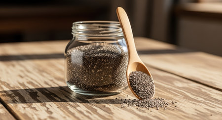 Rustic display of chia seeds in glass jar with wooden spoon on wooden surface.の素材