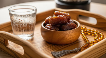 Wooden tray with dates, water, and prayer beads on a bright sunny table.の素材