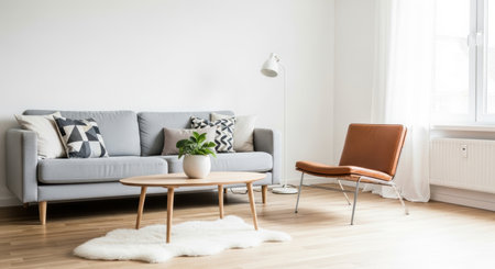 Modern minimalist living room with gray sofa and natural light.の素材