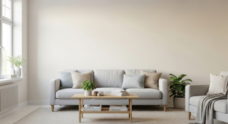 Modern minimalist living room with neutral tones and green plants.の素材