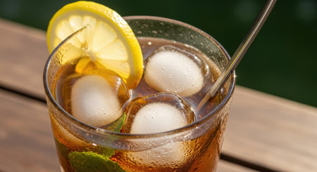 Refreshing iced tea with lemon and mint on a sunny day.の素材