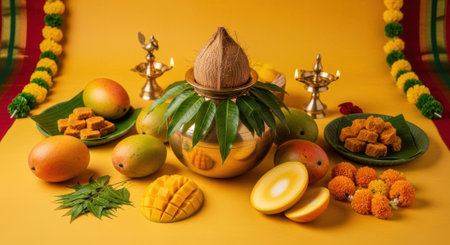 Traditional Indian festive arrangement with mangos, coconut, and diya lamps.の素材