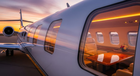 Luxurious private jet interior at sunset with elegant leather seating and floral arrangement.の素材