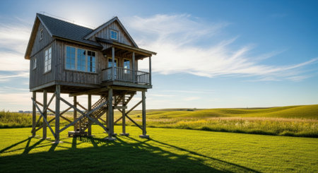 Elevated wooden house on stilts amidst scenic green landscape and expansive sky.の素材