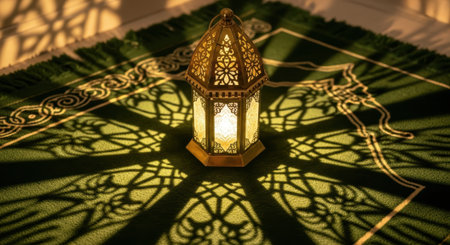 Intricate lantern casting shadows on green prayer rug in warm light.の素材