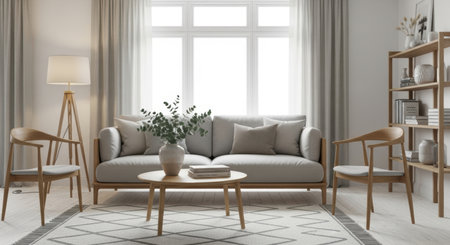 Elegant scandinavian living room with minimalist decor and natural light.の素材