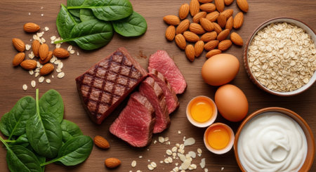 Nutritious ingredients for a balanced diet: steak, almonds, spinach, eggs, and oats on wooden surface.の素材