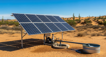 Desert solar panel water pump system with cacti.の素材