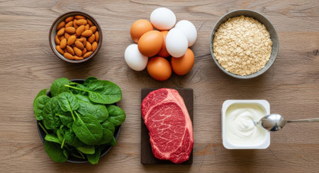 Healthy protein-rich foods eggs, almonds, spinach, oats, beef, yogurtの素材