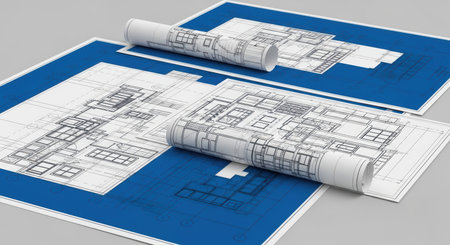 Architectural blueprints and floor plans for modern building design conceptsの素材