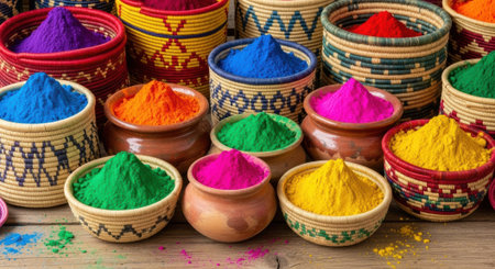 Vibrant assortment of colorful pigments in traditional woven bowls on wooden tableの素材