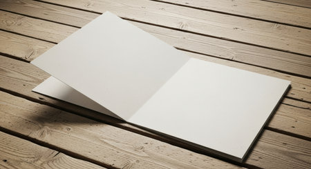Open blank sketchbook on wooden floor with clean white pages for creative inspirationの素材