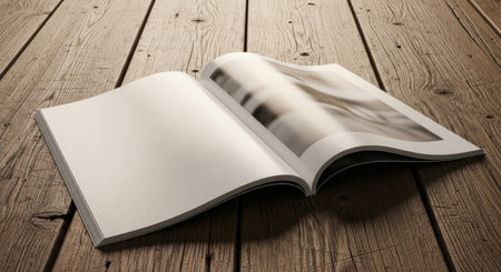 Open magazine on wooden floor with blurred pagesの素材