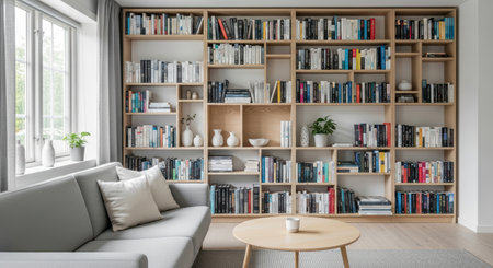 Cozy living room with modern bookshelf, cushions, and large window for natural lightの素材