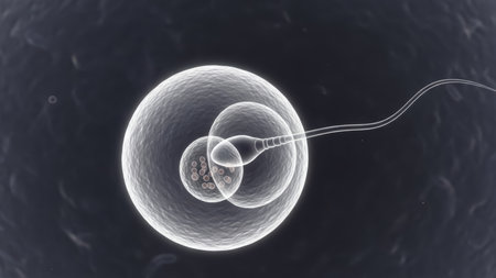 Sperm and egg cell fusion in fertilization process for educational and scientific use.の素材