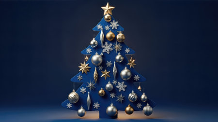 Elegant blue christmas tree decorated with gold and silver ornaments against a dark background.の素材