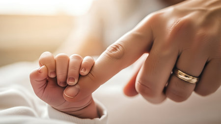 Tender connection: baby holding parent's finger in heartwarming close-up.の素材