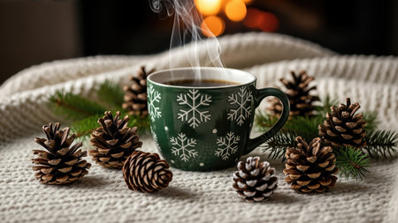 Cozy winter scene with steaming coffee mug, pine cones, and warm knit blanket by the fireplace.の素材