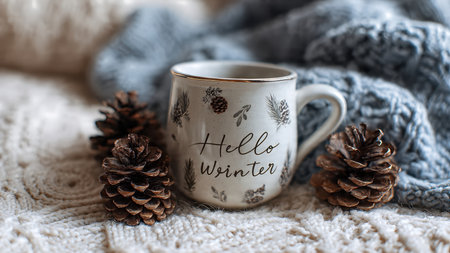 Cozy winter scene with decorative mug, pine cones, and knit blanket.の素材