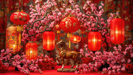 Vibrant chinese new year scene with red lanterns and cherry blossoms.の素材