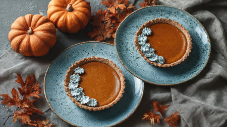Autumn pumpkin tarts with frosting on blue plates surrounded by leaves and pumpkins.の素材